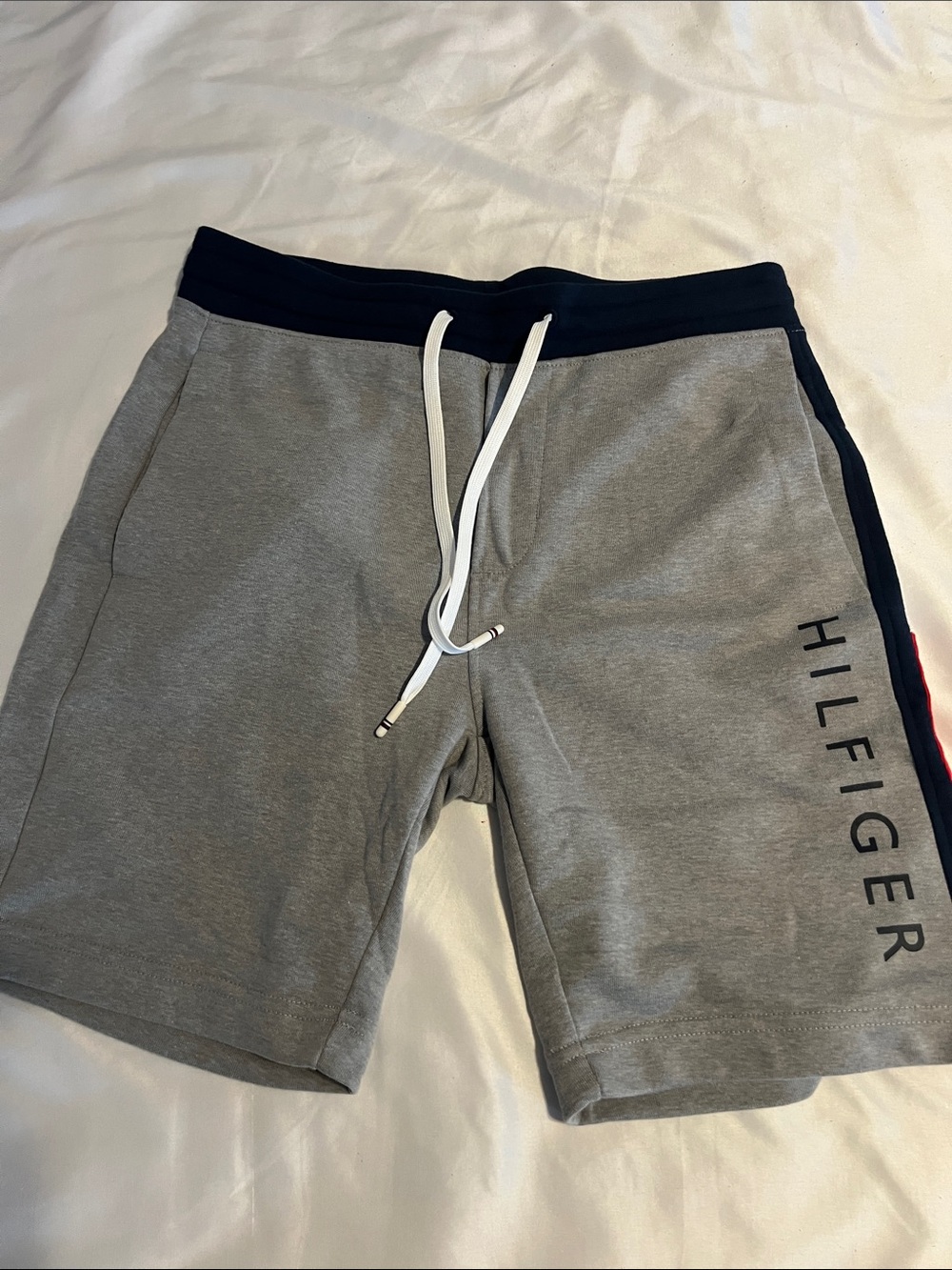 Tommy Hilfiger Men's Gray Knit Logo Shorts with Navy Waistband